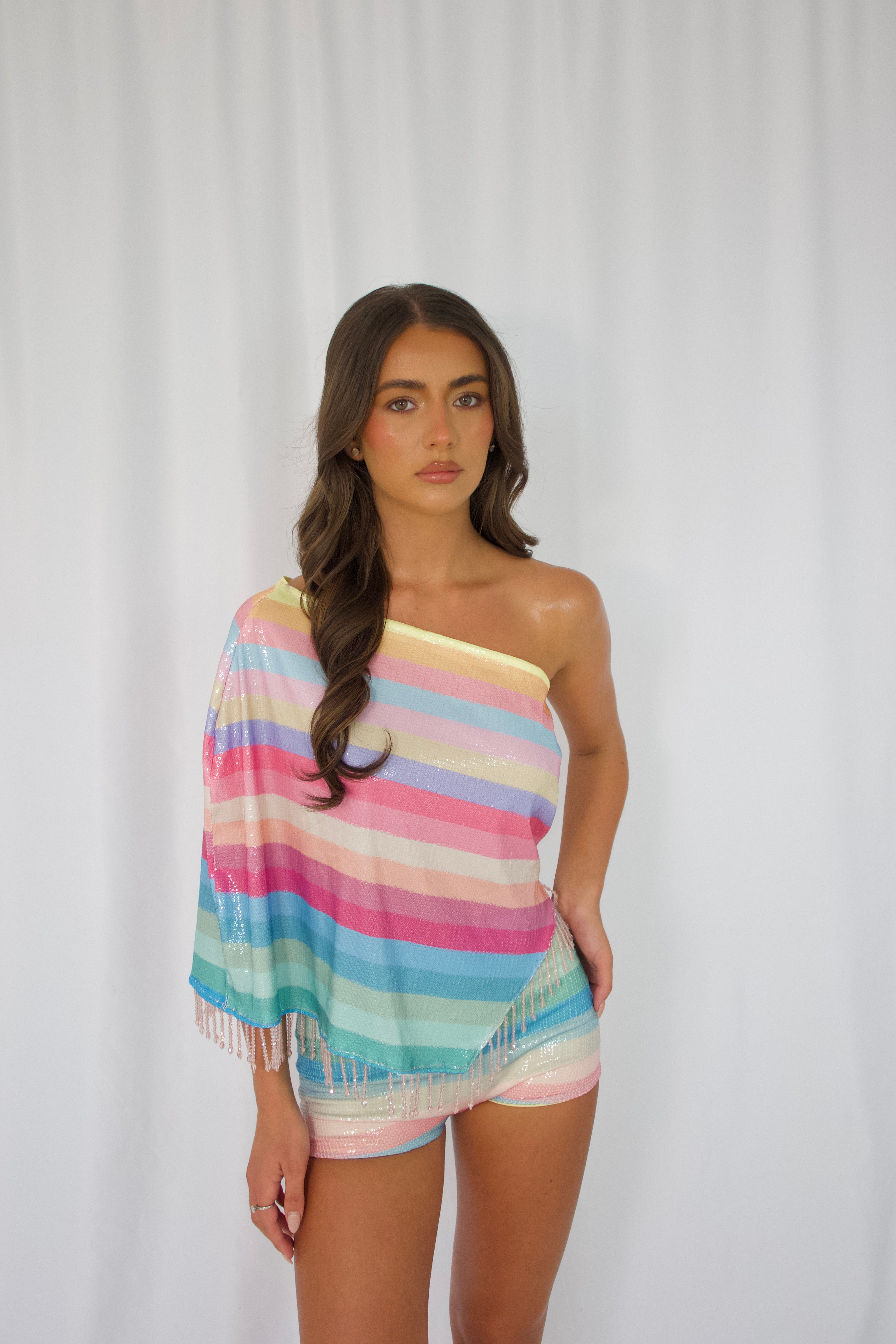 Sherbet Blue- Beaded drape Top