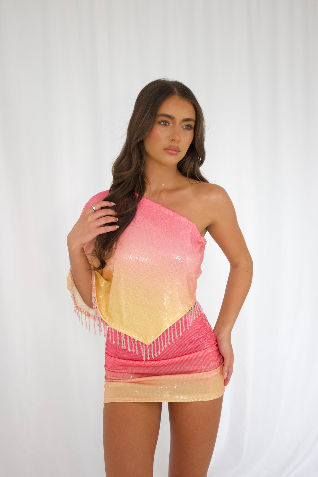 Ombré Sunset beaded drape Top